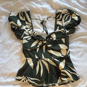 Miami Leaf Print Puff Sleeve Blouse - Black and Cream